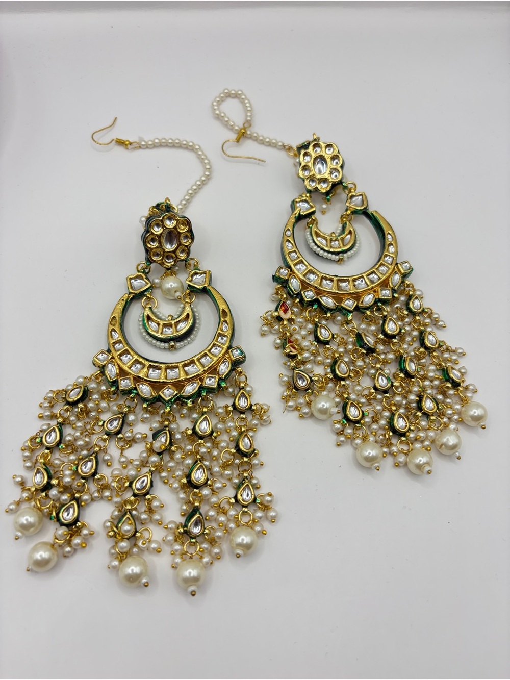 Gold and White Kundan Pearl Chandbali Earrings